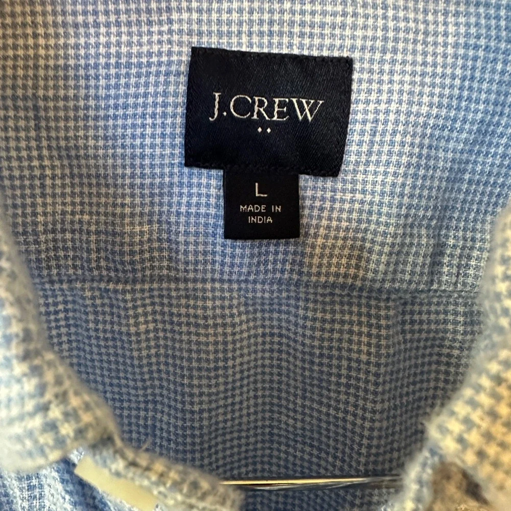 J Crew Mens Linen Blend Button Down Shirt Blue Gingham Plaid Long Sleeve Size L